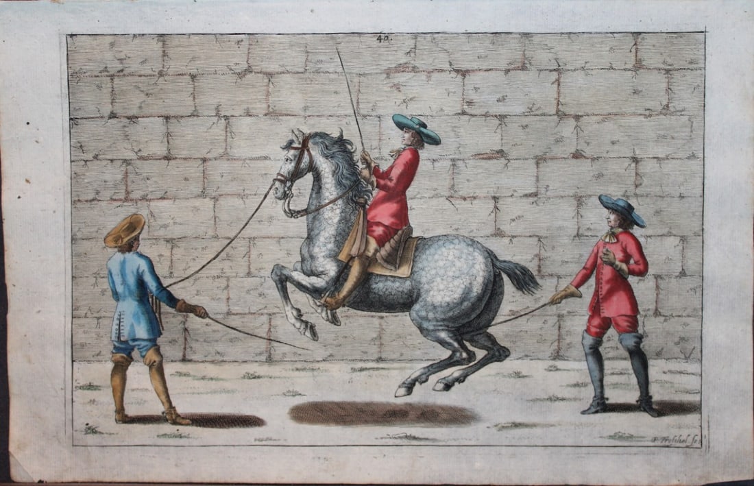 Georg Winter - Rare Bellerophon engraving of dressage training 1678: This rare hand-coloured dressage print is from Bellerophon, sive eques peritus?. by Georg Winter and engraved by Peter Paul Tr?schel , published in Nuremberg 1678. Georg Simon Winter von Adlersfl?gel