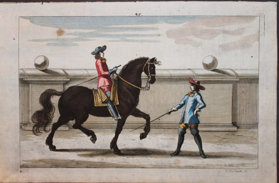 Georg Winter - Rare Bellerophon engraving of dressage training 1678: This rare hand-coloured dressage print is from Bellerophon, sive eques peritus?. by Georg Winter and engraved by Peter Paul Tr?schel , published in Nuremberg 1678. Georg Simon Winter von Adlersfl?gel