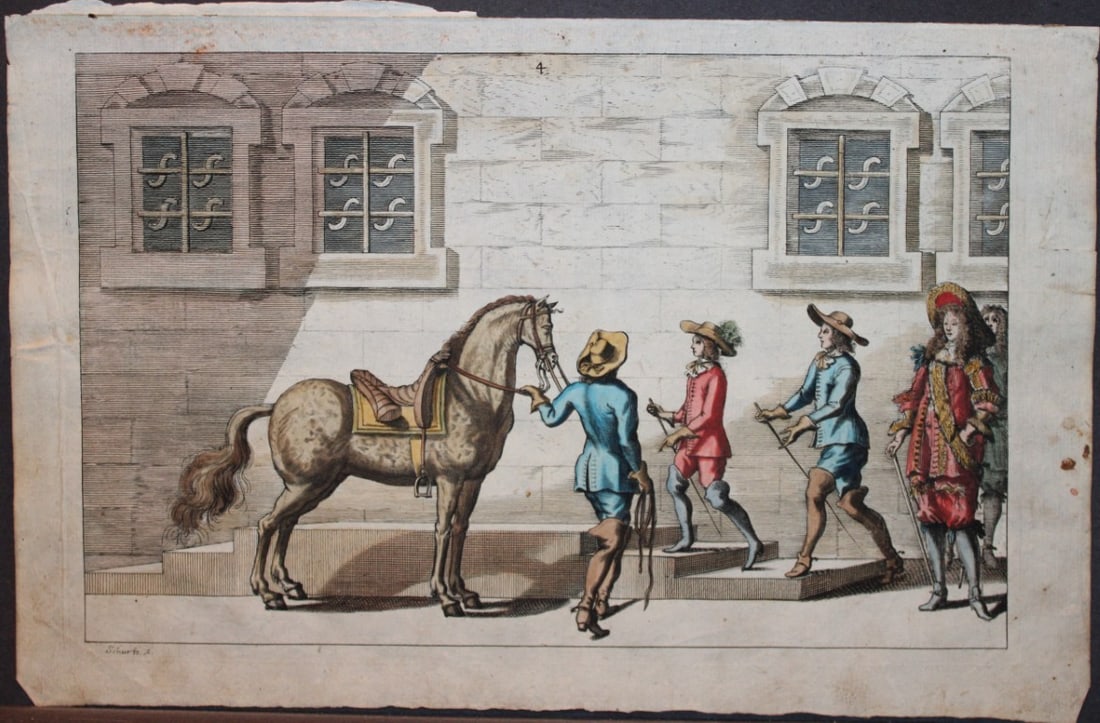 Georg Winter - Rare Bellerophon engraving of dressage training 1678: This rare hand-coloured dressage print is from Bellerophon, sive eques peritus?. by Georg Winter and engraved by Peter Paul Tr?schel , published in Nuremberg 1678. Georg Simon Winter von Adlersfl?gel
