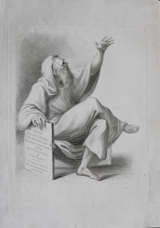 F Bartolozzi and GB Cipriani - Original engraving 1796: This etching with stipple is from Rudiments of Drawing, published in London 1796.The illustrations were drawn by Giovanni Battista Cipriani and engraved by Francesco Bartolozzi, executed with his char
