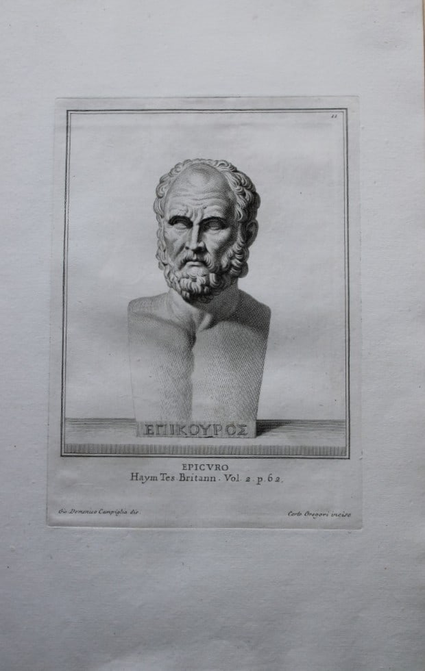 Giovanni Campiglia- Bust of Epicurus by Carlo Gregori 1741: This engraving is from Del Museo Capitolino, Tomo I, Contente Immagi D'vomini illusti by Giovanni Bottari. Rome: si vente alla Calcografia Cambrale al Piede di Marmo 1741, Title translates as: Of the