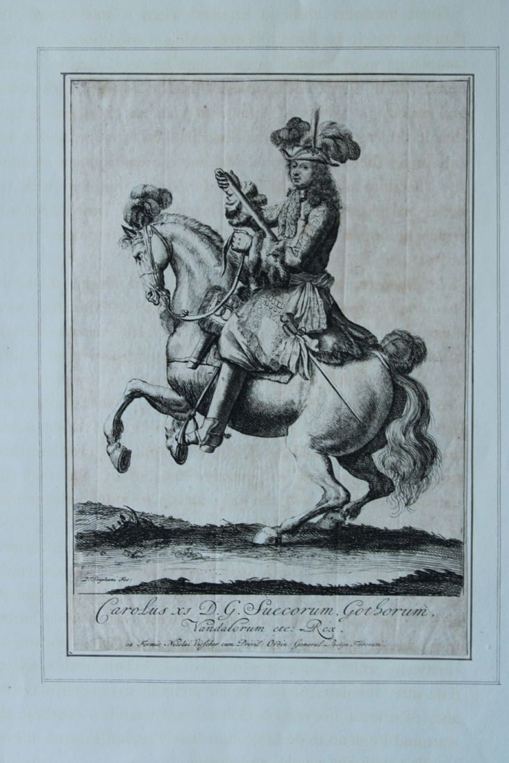 P Stevens - Equestrian Portrait of King Charles XI of Sweden 1689: This etching is of Carolus XI DG Suecorum Gothorum Vandalorum etc Rex (Charles XI, King of the Swedish Goths and Vandals) 1689.The engraver was Pieter Stevens (P Stephani Fec - as mentioned in print)