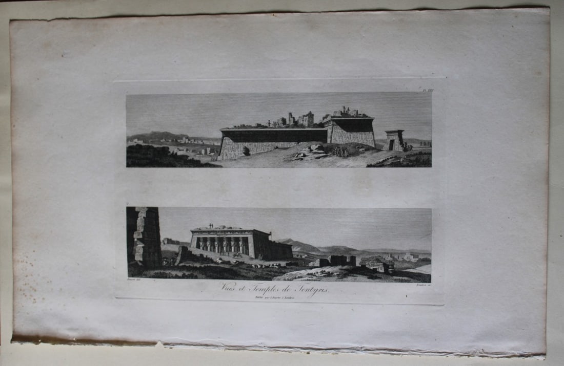 Vues et Temples de Tentyris by Vivant Denon 1807: This is plate 13 from the Voyage dans la Basse et la Haute-Egypte pendant les campagnes du General Bonaparte by Dominique Vivant Denon. Published by Samuel Bagster, London 1807.The first member of the