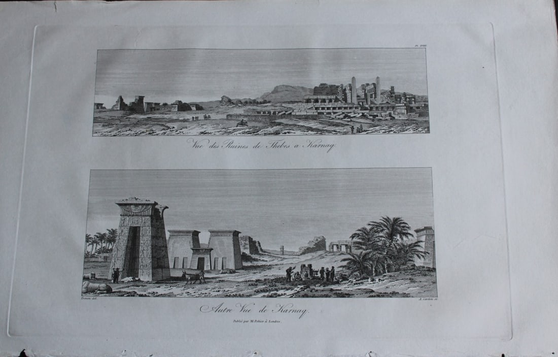 Ruines de Thebes a Karnaq by Vivant Denon 1807: This is plate 18 from the Voyage dans la Basse et la Haute-Egypte pendant les campagnes du General Bonaparte by Dominique Vivant Denon. Published by Samuel Bagster, London 1807.The first member of the