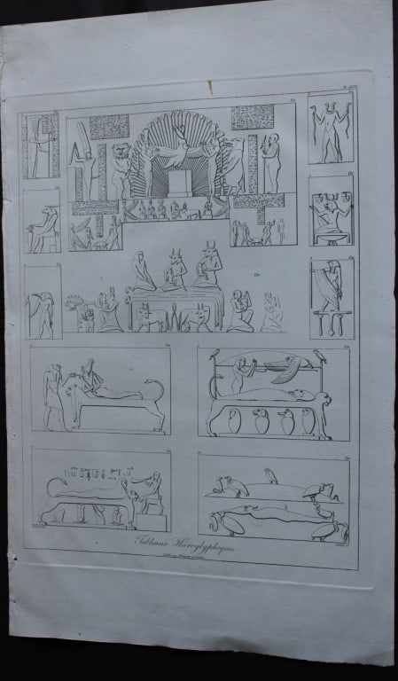 Tableaux Hieroglyphiques by Vivant Denon 1807: This is plate 68 from the Voyage dans la Basse et la Haute-Egypte pendant les campagnes du General Bonaparte by Dominique Vivant Denon. Published by Samuel Bagster, London 1807.The first member of the