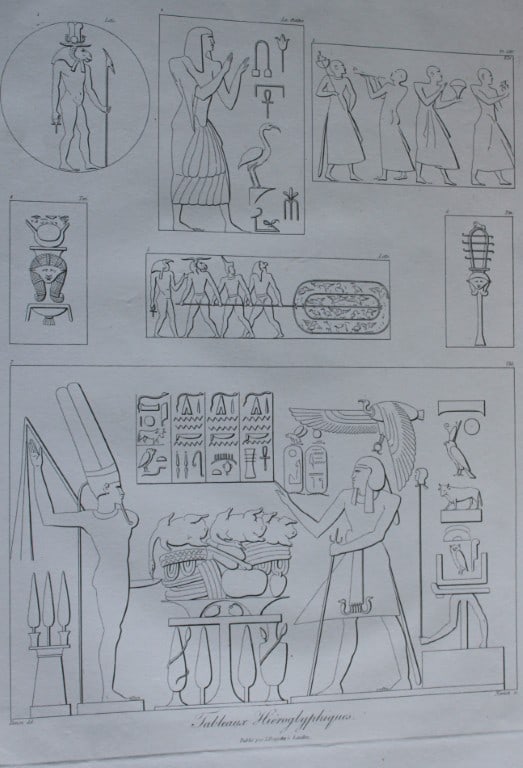 Tableaux Hieroglyphiques by Vivant Denon 1807: This is plate 65 from the Voyage dans la Basse et la Haute-Egypte pendant les campagnes du General Bonaparte by Dominique Vivant Denon. Published by Samuel Bagster, London 1807.The first member of the