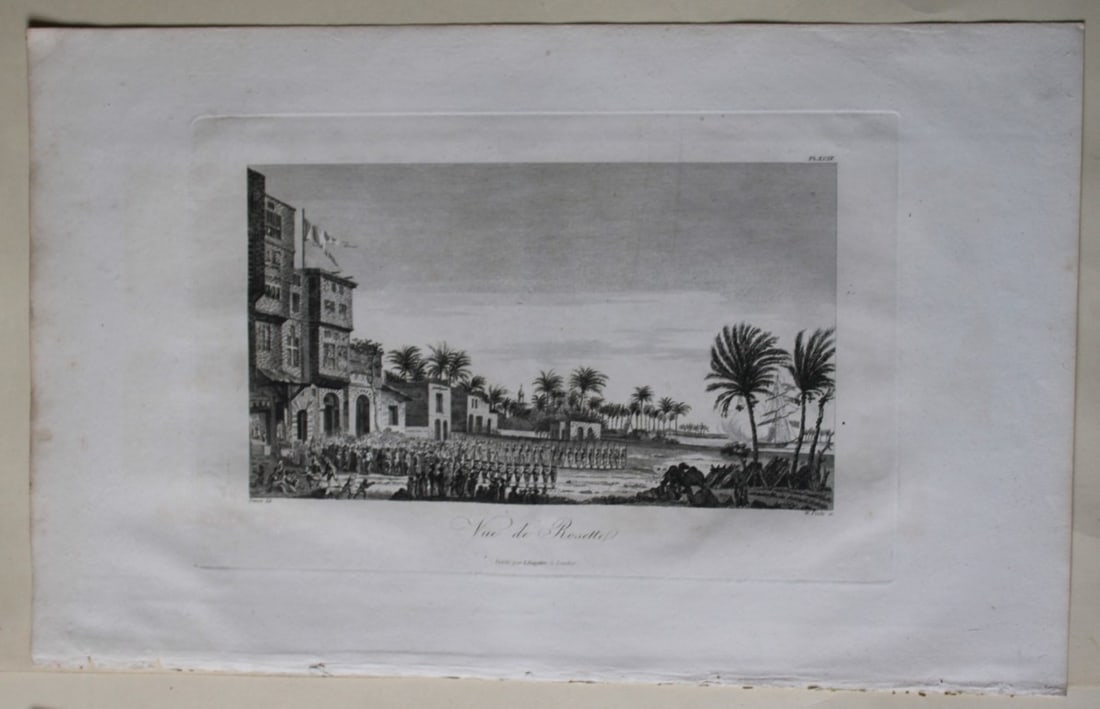 Vue de Rosette by Vivant Denon 1807: This is plate 94 from the Voyage dans la Basse et la Haute-Egypte pendant les campagnes du General Bonaparte by Dominique Vivant Denon. Published by Samuel Bagster, London 1807.The first member of the
