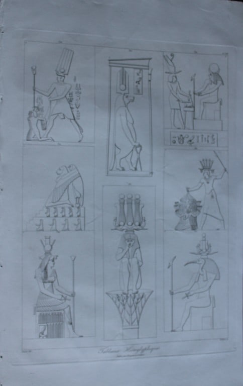 Tableaux Hieroglyphiques by Vivant Denon 1807: This plate is from the Voyage dans la Basse et la Haute-Egypte pendant les campagnes du General Bonaparte by Dominique Vivant Denon. Published by Samuel Bagster, London 1807.The first member of the Fr