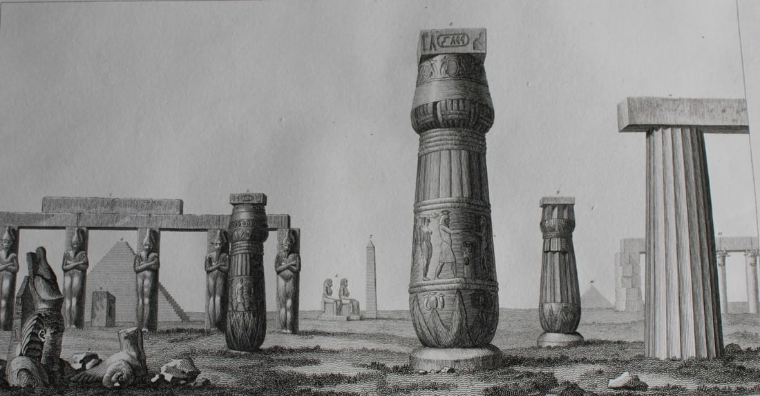 Architecture Egyptienne by Vivant Denon 1807: This is plate 46 from the Voyage dans la Basse et la Haute-Egypte pendant les campagnes du General Bonaparte by Dominique Vivant Denon. Published by Samuel Bagster, London 1807.The first member of the