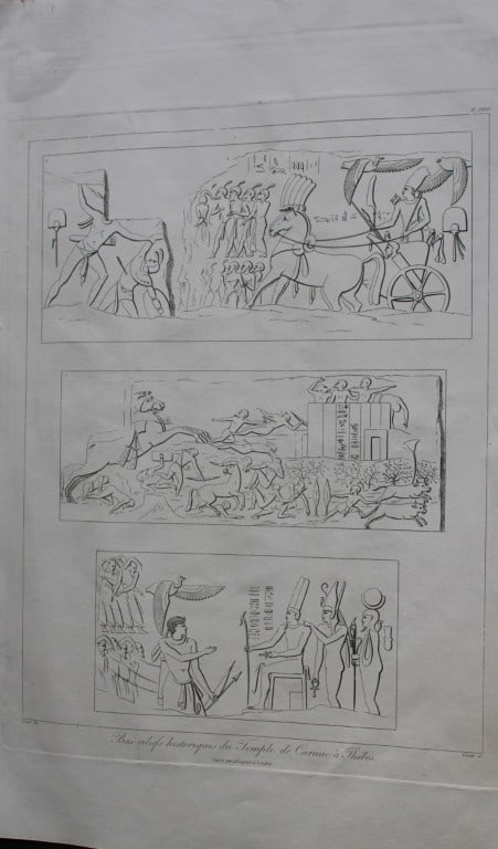 Bas Reliefs Temple de Carnac by Vivant Denon 1807: This is plate 73 from the Voyage dans la Basse et la Haute-Egypte pendant les campagnes du General Bonaparte by Dominique Vivant Denon. Published by Samuel Bagster, London 1807.The first member of the