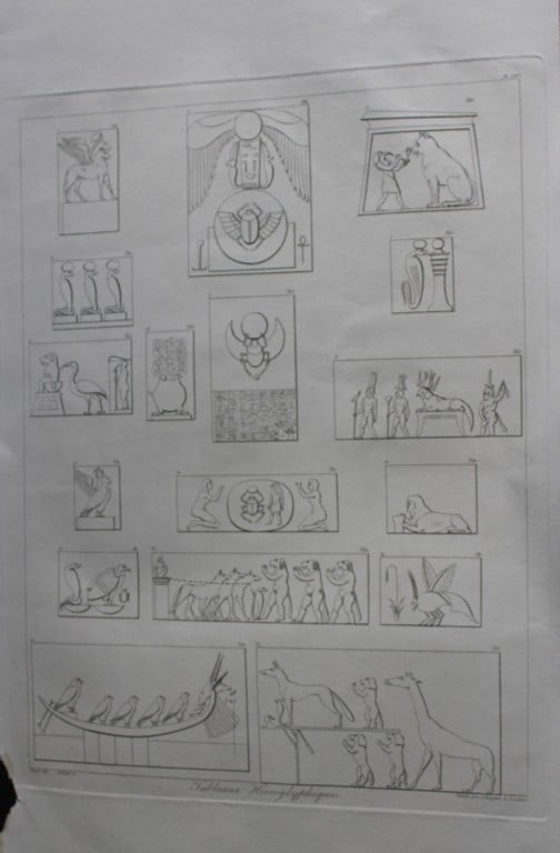 Tableaux Hieroglyphiques by Vivant Denon 1807: This plate is from the Voyage dans la Basse et la Haute-Egypte pendant les campagnes du General Bonaparte by Dominique Vivant Denon. Published by Samuel Bagster, London 1807.The first member of the Fr
