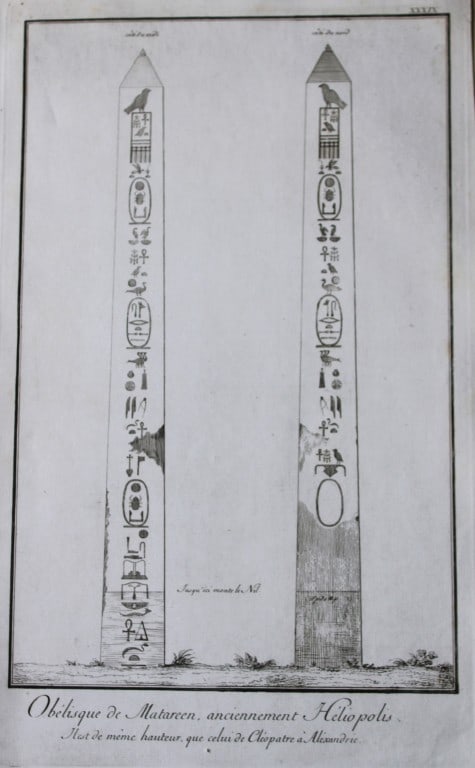 Obelisk of Matareen by Capt. FL Norden 1792: This copperplate engraving is from The Antiquities, Natural History, Ruins and Other Curiosities of Egypt, Nubia and Thebes by Frederic Lewis (or Ludvig) Norden. Printed for Edward Jeffreys, London 17