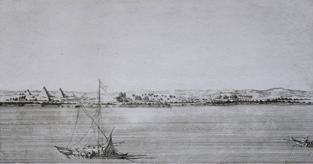 View of the Pyramids near Cairo by Capt. FL Norden 1792: This copperplate engraving is from The Antiquities, Natural History, Ruins and Other Curiosities of Egypt, Nubia and Thebes by Frederic Lewis (or Ludvig) Norden. Printed for Edward Jeffreys, London 17