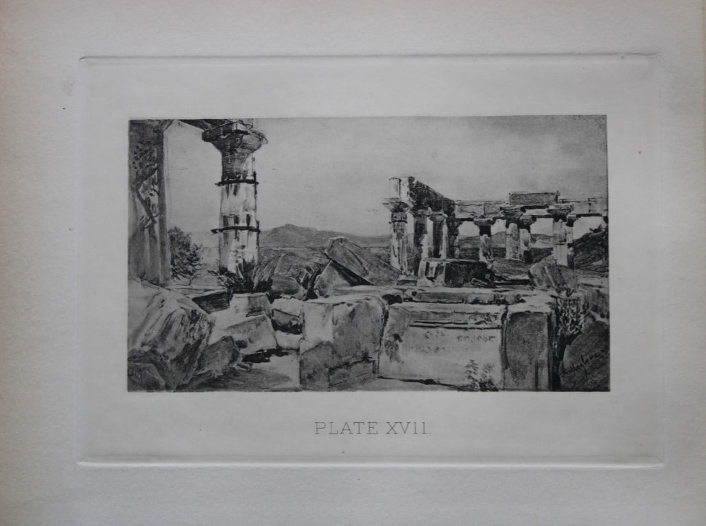 John Fulleylove 1897 - Etching of Temple at Aegina: This superb etching is from Pictures of Classic Greek Landscapes and Architecture by John Fulleylove RI. Published by JM Dent & Co, London 1897.John Fulleylove (1845-1908) was an English landscape art
