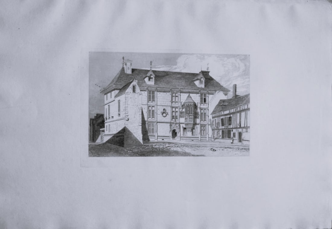 John Sell Cotman - Folio engraving of Great House of Andelys, Normandy 1822: This original 200-year-old etching of the Great House of Andelys is from Architectural Antiquities of Normandy by John Sell Cotman. Published in London by J. & A. Arch in 1822.This soft-ground etching