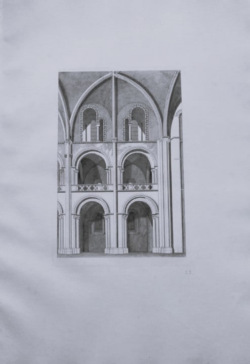 John Sell Cotman - Folio engraving of Abbey Church of St. Etienne, Caen, Normandy 1822: This original 200-year-old etching of the Abbey Church of St. Etienne, Caen - Nave is from Architectural Antiquities of Normandy by John Sell Cotman. Published in London by J. & A. Arch in 1822.This s