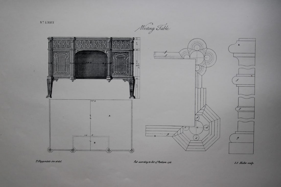 Thomas Chippendale - 2 engravings of writing tables 1762: These copperplate engravings are from the third edition of The Gentleman and Cabinet-Maker's Director: being a large collection of the most elegant and useful designs of household furniture, in the mo