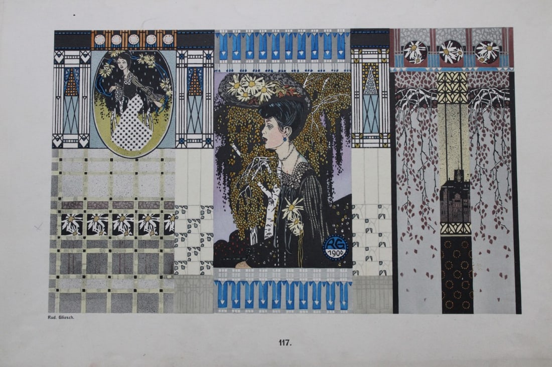 Christian Stoll - Jugenstil design lithograph after Rudolf Gliesch 1906: This original lithograph is from Ornamentik der Gegenwart Serie IV or Contemporary Ornamentation Series IV, published by Christian Stoll. Plauen, Germany 1906. The work was lithographed by CG Roder Gm