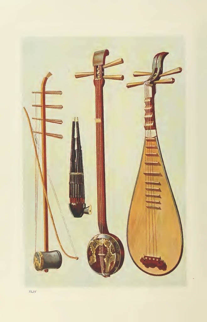 Hipkins - Rare lithograph of Hu Chin & Bow, Sheng, San-Hsien, Pi-Pa by W Gibb 1888: This beautiful print was drawn by William Gibb for Musical Instruments, Historic, Rare and Unique by Alfred Hipkins. Published by Adam and Charles Black, Edinburgh 1888. These masterful chromolithogra