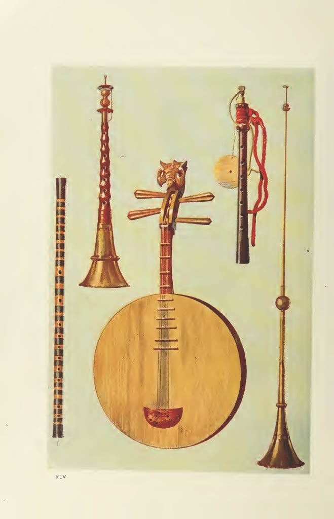 Hipkins - Rare lithograph of Chinese Ti-Tzu, So-Na, Yueh-Chin, Japanese Hiji-Riki, Chinese La-Pa by: This beautiful print was drawn by William Gibb for Musical Instruments, Historic, Rare and Unique by Alfred Hipkins. Published by Adam and Charles Black, Edinburgh 1888. These masterful chromolithogra