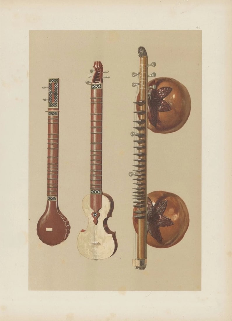 Hipkins - Rare lithograph of Sitars and Vina by W Gibb 1888: This beautiful print was drawn by William Gibb for Musical Instruments, Historic, Rare and Unique by Alfred Hipkins. Published by Adam and Charles Black, Edinburgh 1888. These masterful chromolithogra