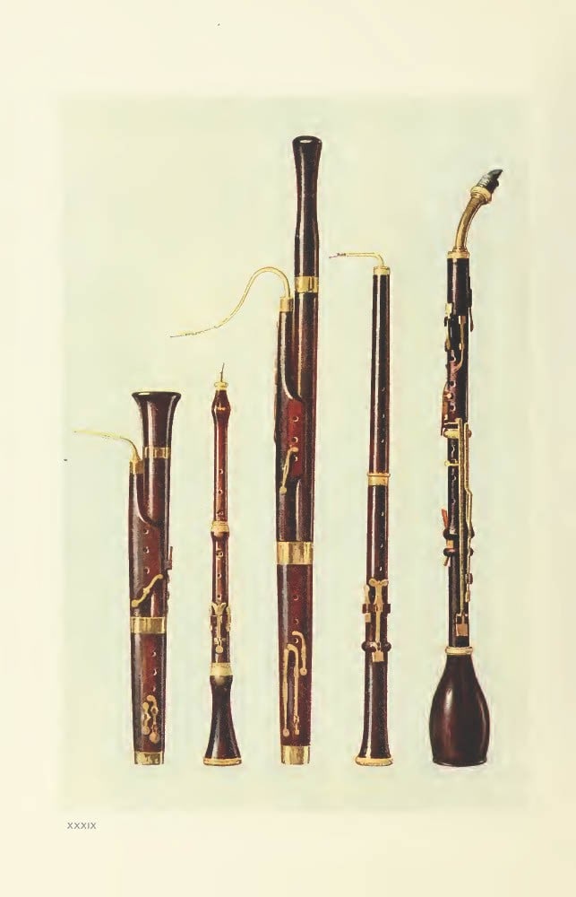 Hipkins - Rare lithograph of Doliano, Oboe, Bassoon, Oboe Da Caccia, Basset Horn, by W Gibb 1888: This beautiful print was drawn by William Gibb for Musical Instruments, Historic, Rare and Unique by Alfred Hipkins. Published by Adam and Charles Black, Edinburgh 1888. These masterful chromolithogra