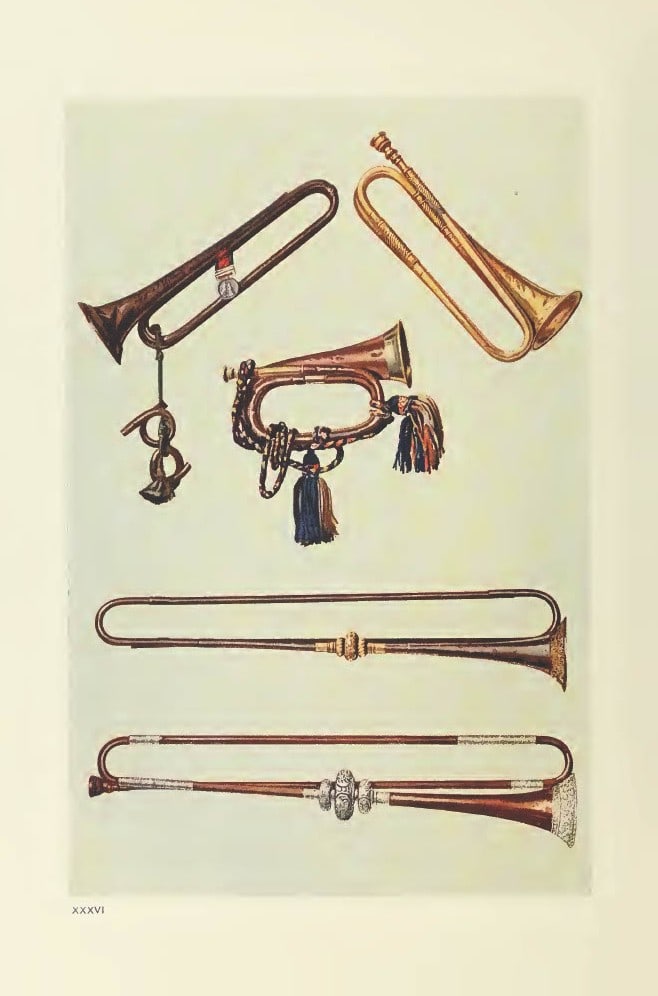 Hipkins - Rare lithograph of Cavalry Bugle, Cavalry Trumpet, Trumpets by W Gibb 1888: This beautiful print was drawn by William Gibb for Musical Instruments, Historic, Rare and Unique by Alfred Hipkins. Published by Adam and Charles Black, Edinburgh 1888. These masterful chromolithogra