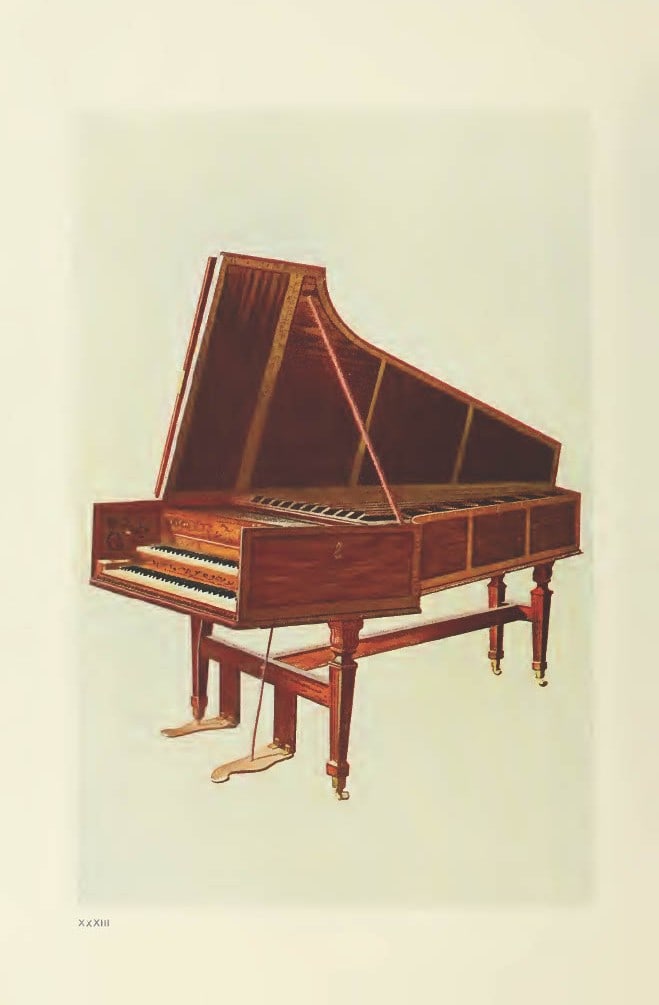 Hipkins - Rare lithograph of the Empress Harpsichord by W Gibb 1888: This beautiful print was drawn by William Gibb for Musical Instruments, Historic, Rare and Unique by Alfred Hipkins. Published by Adam and Charles Black, Edinburgh 1888. These masterful chromolithogra