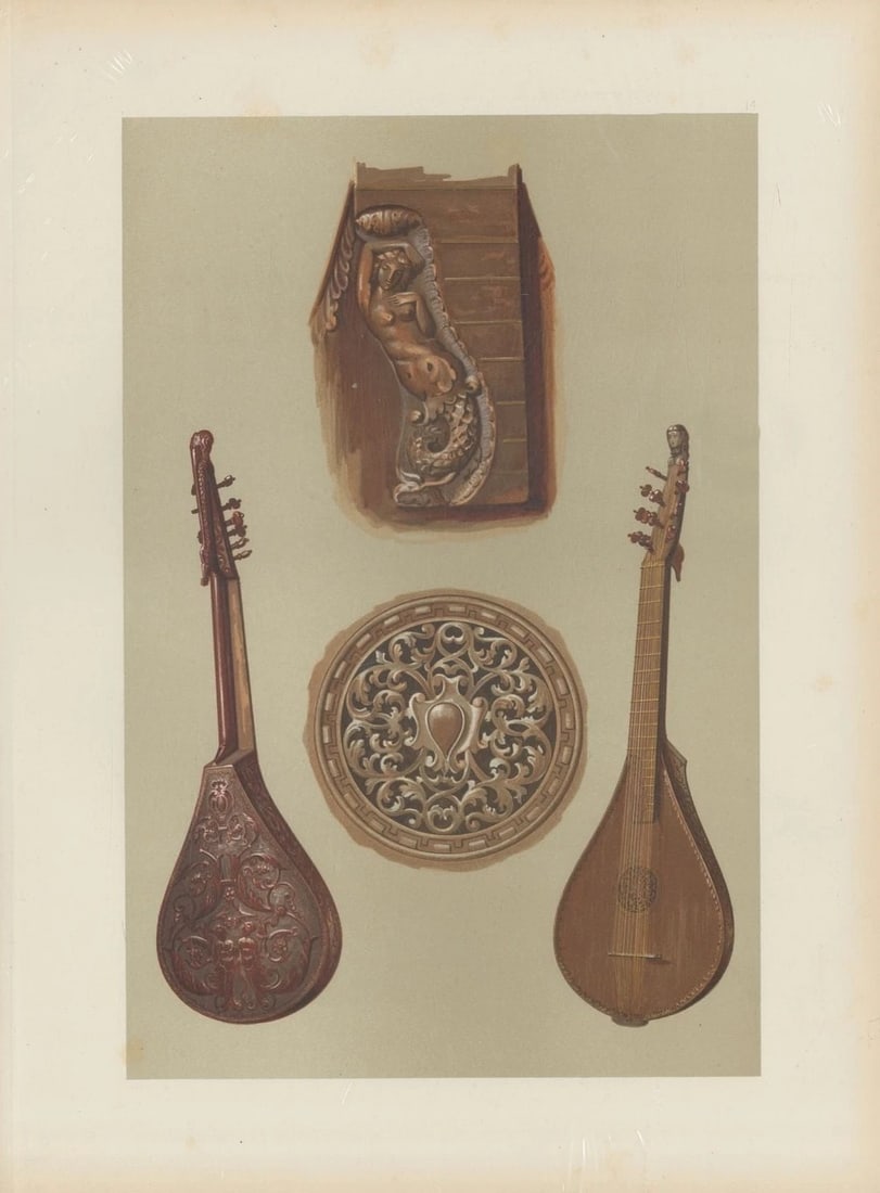 Hipkins - Rare lithograph of the Cetera by W Gibb 1888: This beautiful print was drawn by William Gibb for Musical Instruments, Historic, Rare and Unique by Alfred Hipkins. Published by Adam and Charles Black, Edinburgh 1888. These masterful chromolithogra