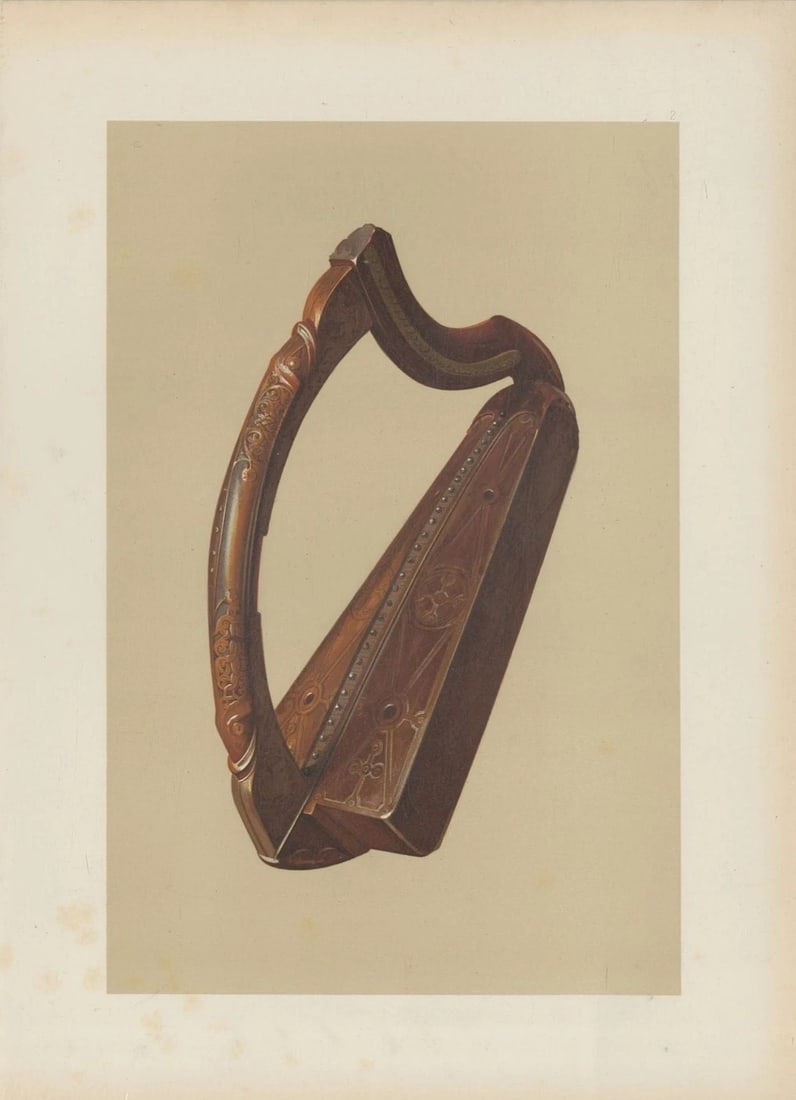 Hipkins - Rare lithograph of Queen Mary's Harp by W Gibb 1888: This beautiful print was drawn by William Gibb for Musical Instruments, Historic, Rare and Unique by Alfred Hipkins. Published by Adam and Charles Black, Edinburgh 1888. These masterful chromolithogra