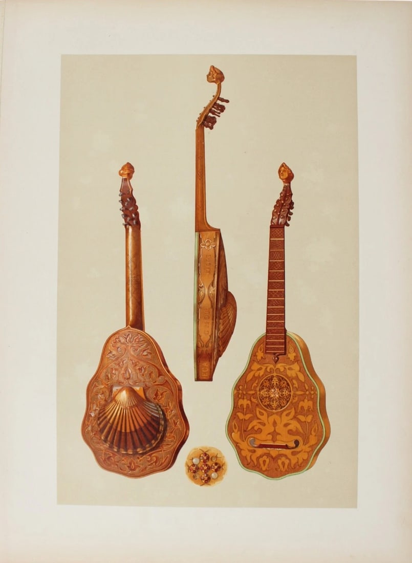 Hipkins - Rare lithograph of Queen Elizabeth's Lute by W Gibb 1888: This beautiful print was drawn by William Gibb for Musical Instruments, Historic, Rare and Unique by Alfred Hipkins. Published by Adam and Charles Black, Edinburgh 1888. These masterful chromolithogra