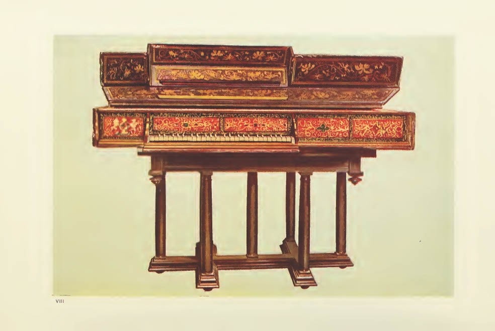 Hipkins - Rare lithograph of Queen Elizabeth's Virginal by W Gibb 1888: This beautiful print was drawn by William Gibb for Musical Instruments, Historic, Rare and Unique by Alfred Hipkins. Published by Adam and Charles Black, Edinburgh 1888. These masterful chromolithogra