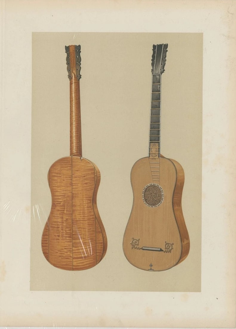 Hipkins - Rare lithograph of Stradivarius Guitar by W Gibb 1888: This beautiful print was drawn by William Gibb for Musical Instruments, Historic, Rare and Unique by Alfred Hipkins. Published by Adam and Charles Black, Edinburgh 1888. These masterful chromolithogra