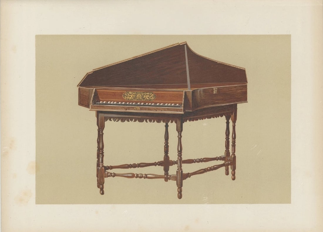 Hipkins - Rare lithograph of the Spinet by W Gibb 1888: This beautiful print was drawn by William Gibb for Musical Instruments, Historic, Rare and Unique by Alfred Hipkins. Published by Adam and Charles Black, Edinburgh 1888. These masterful chromolithogra