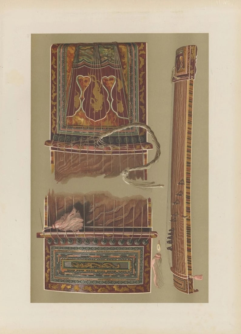 Hipkins - Rare lithograph of Japanese Koto by W Gibb 1888: This beautiful print was drawn by William Gibb for Musical Instruments, Historic, Rare and Unique by Alfred Hipkins. Published by Adam and Charles Black, Edinburgh 1888. These masterful chromolithogra