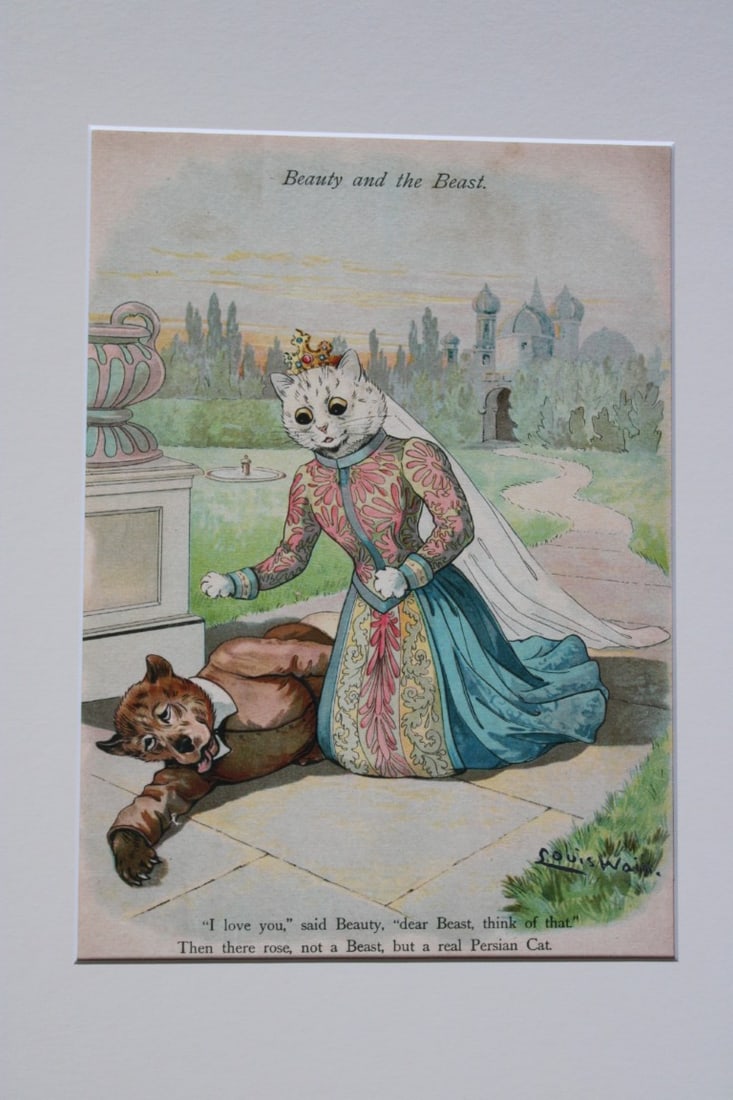 Louis Wain - Rare plate of Beauty and the Beast 1905.: This colour plate is from the rare publication Frolics in Fairyland by Grace Floyd, illustrated by Louis Wain. Published by?Raphael Tuck & Sons, Co. Ltd, New York / London / Paris,?1905. Rare Wain pro