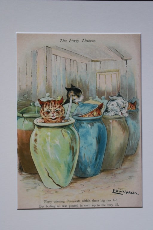Louis Wain - Rare plate of The Forty Thieves 1905.: This colour plate is from the rare publication Frolics in Fairyland by Grace Floyd, illustrated by Louis Wain. Published by?Raphael Tuck & Sons, Co. Ltd, New York / London / Paris,?1905. Rare Wain pro