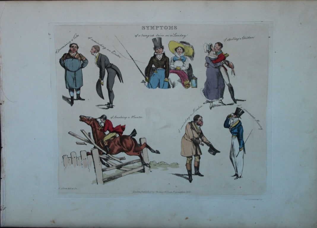 Henry Alken - Etching from Symptoms of being amused 1822: Original hand coloured soft ground etching from Symptoms Of Being Amused by Henry Aklen, published by Thomas McLean, London 1822. Henry Alken was born in London in 1784 into a family which became cele