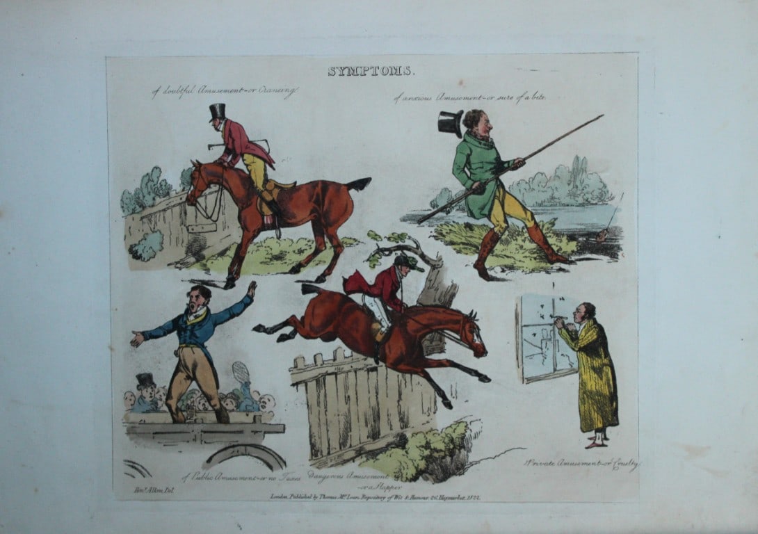 Henry Alken - Etching from Symptoms of being amused 1822: Original hand coloured soft ground etching from Symptoms Of Being Amused by Henry Aklen, published by Thomas McLean, London 1822. Henry Alken was born in London in 1784 into a family which became cele