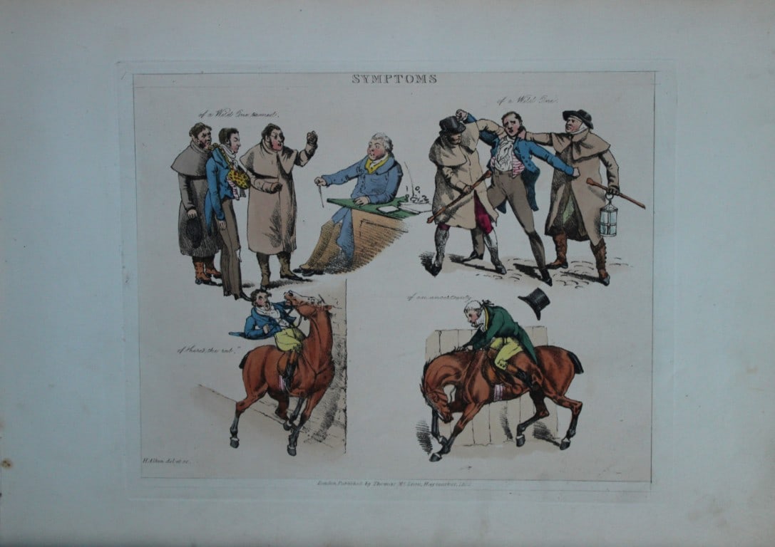 Henry Alken - Etching from Symptoms of being amused 1822: Original hand coloured soft ground etching from Symptoms Of Being Amused by Henry Aklen, published by Thomas McLean, London 1822. Henry Alken was born in London in 1784 into a family which became cele
