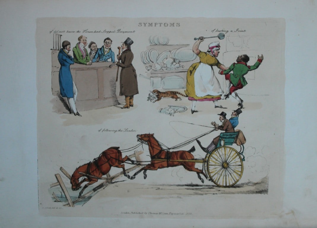 Henry Alken - Etching from Symptoms of being amused 1822: Original hand coloured soft ground etching from Symptoms Of Being Amused by Henry Aklen, published by Thomas McLean, London 1822. Henry Alken was born in London in 1784 into a family which became cele