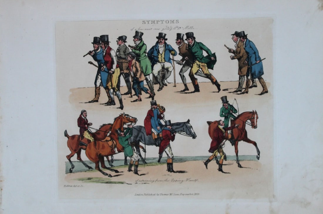 Henry Alken - Etching from Symptoms of being amused 1822: Original hand coloured soft ground etching from Symptoms Of Being Amused by Henry Aklen, published by Thomas McLean, London 1822. Henry Alken was born in London in 1784 into a family which became cele