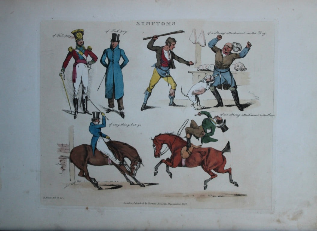 Henry Alken - Etching from Symptoms of being amused 1822: Original hand coloured soft ground etching from Symptoms Of Being Amused by Henry Aklen, published by Thomas McLean, London 1822. Henry Alken was born in London in 1784 into a family which became cele