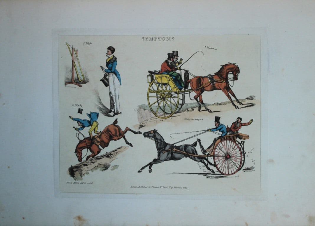 Henry Alken - Etching from Symptoms of being amused 1822: Original hand coloured soft ground etching from Symptoms Of Being Amused by Henry Aklen, published by Thomas McLean, London 1822. Henry Alken was born in London in 1784 into a family which became cele