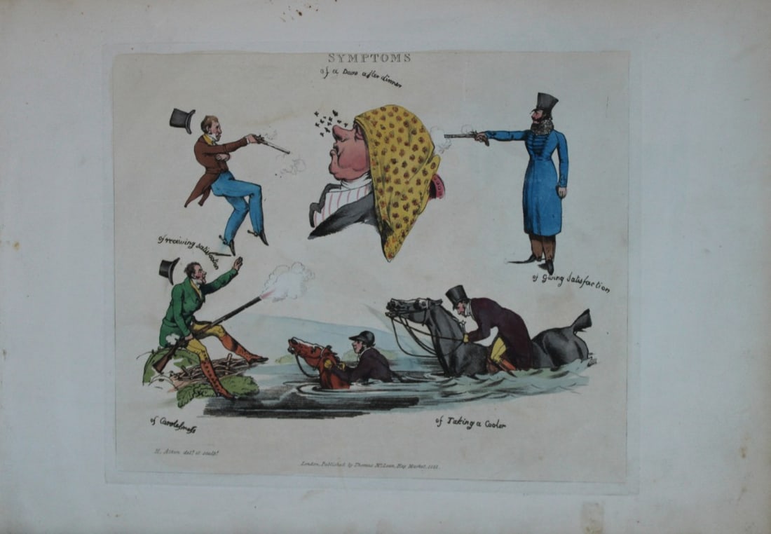 Henry Alken - Etching from Symptoms of being amused 1822: Original hand coloured soft ground etching from Symptoms Of Being Amused by Henry Aklen, published by Thomas McLean, London 1822. Henry Alken was born in London in 1784 into a family which became cele