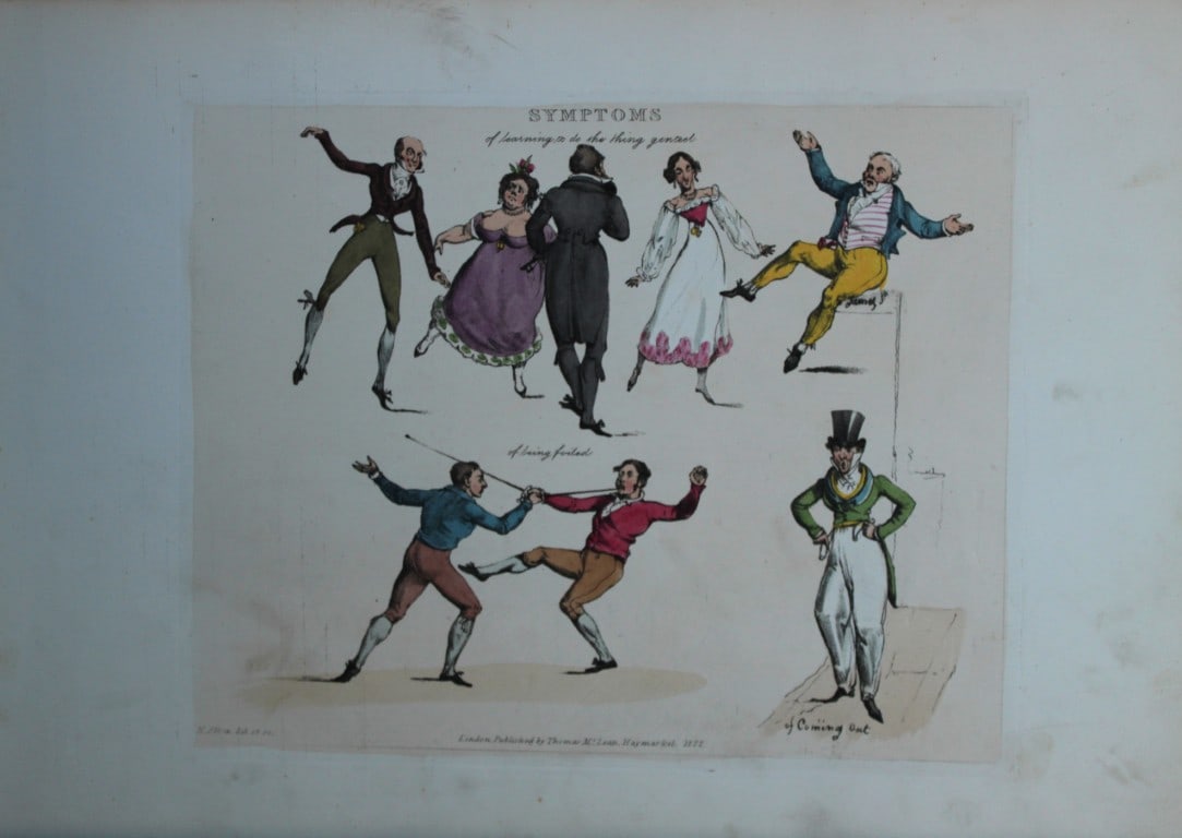 Henry Alken - Etching from Symptoms of being amused 1822: Original hand coloured soft ground etching from Symptoms Of Being Amused by Henry Aklen, published by Thomas McLean, London 1822. Henry Alken was born in London in 1784 into a family which became cele