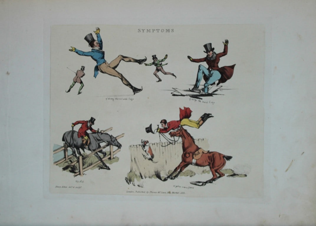 Henry Alken - Etching from Symptoms of being amused 1822: Original hand coloured soft ground etching from Symptoms Of Being Amused by Henry Aklen, published by Thomas McLean, London 1822. Henry Alken was born in London in 1784 into a family which became cele
