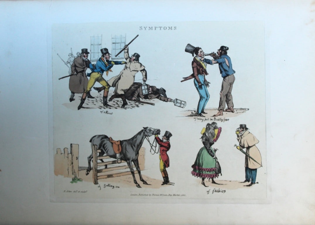 Henry Alken - Etching from Symptoms of being amused 1822: Original hand coloured soft ground etching from Symptoms Of Being Amused by Henry Aklen, published by Thomas McLean, London 1822. Henry Alken was born in London in 1784 into a family which became cele