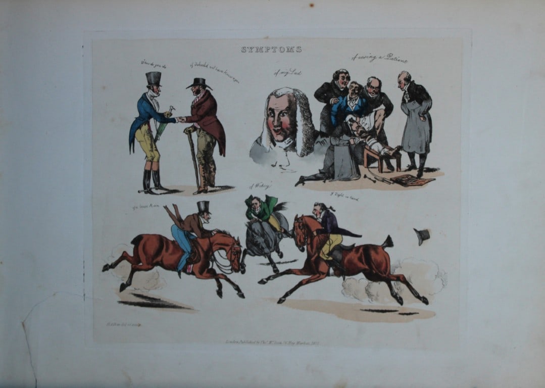 Henry Alken - Etching from Symptoms of being amused 1822: Original hand coloured soft ground etching from Symptoms Of Being Amused by Henry Aklen, published by Thomas McLean, London 1822. Henry Alken was born in London in 1784 into a family which became cele