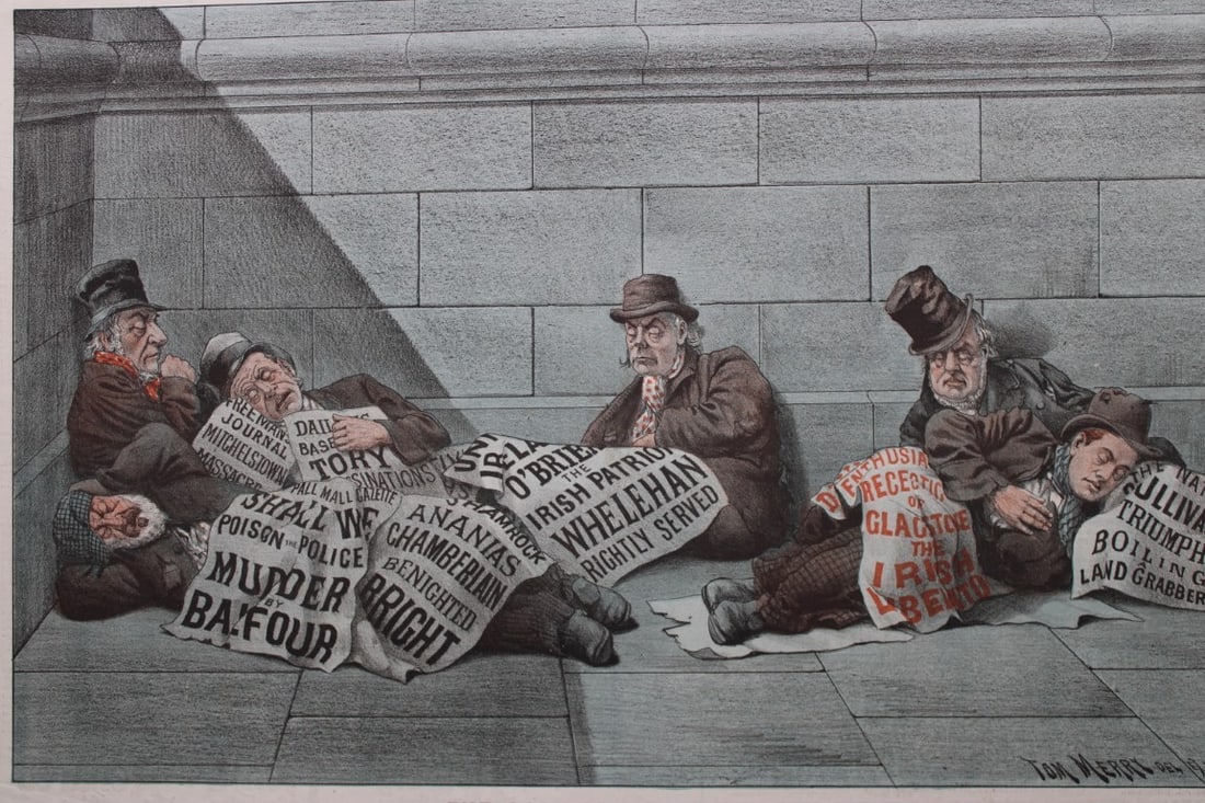 Tom Merry political cartoon - The Coming Campaign No. 3 1887: This double-page coloured lithograph is from St Stephen?s review by Tom Merry (the pseudonym of William Mecham). Merry was a cartoonist and political satirist who created the centrespread, in colour,